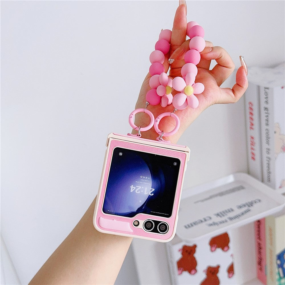 For Samsung Galaxy Z Flip7 FE 5G / Z Flip6 5G Case Skin-Touch Leather+PC Phone Cover with Beaded Wrist Strap - Pink