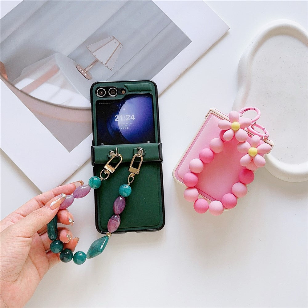 For Samsung Galaxy Z Flip7 FE 5G / Z Flip6 5G Case Skin-Touch Leather+PC Phone Cover with Beaded Wrist Strap - Pink