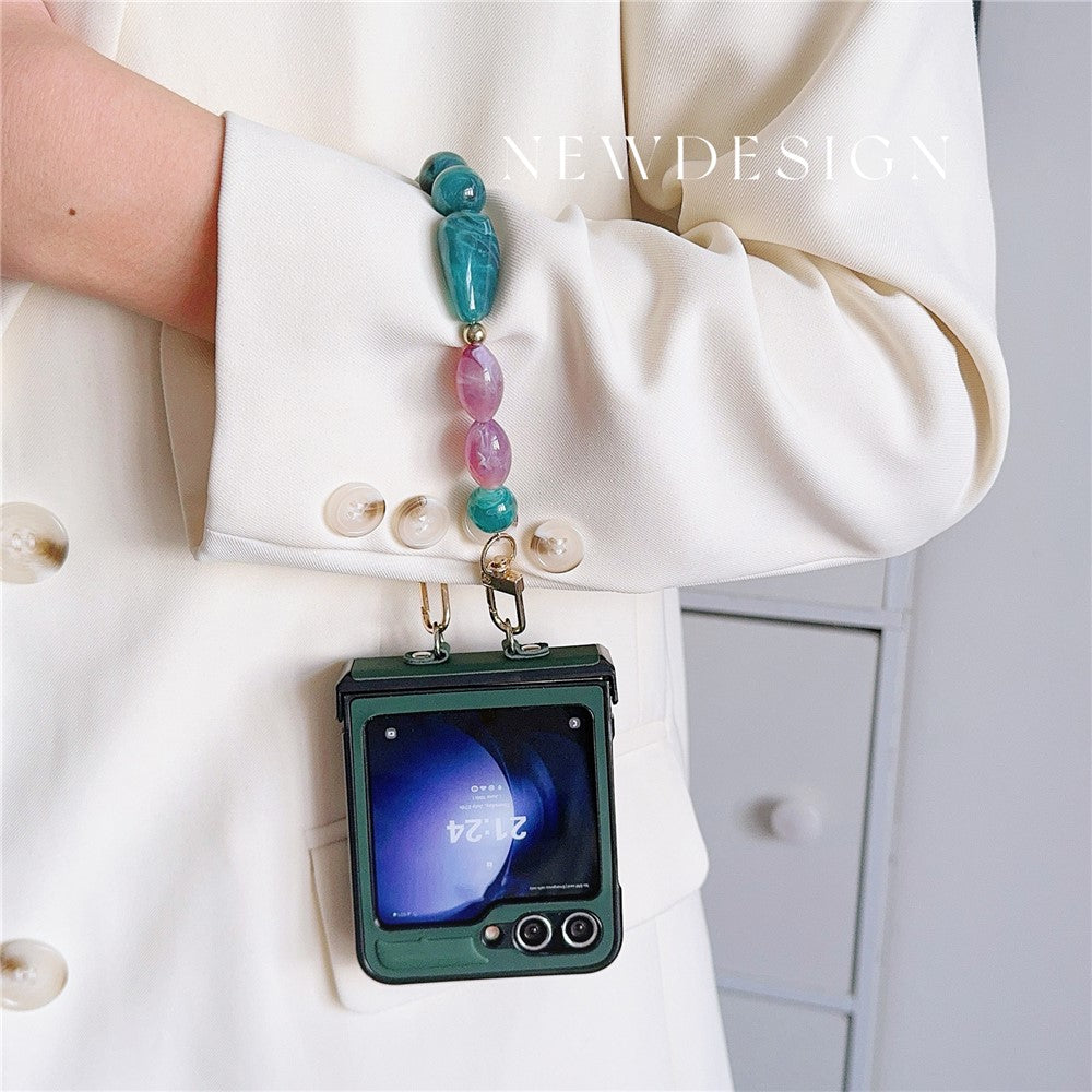 For Samsung Galaxy Z Flip7 FE 5G / Z Flip6 5G Case Skin-touch Leather+PC Phone Cover with Beaded Wrist Strap - Green