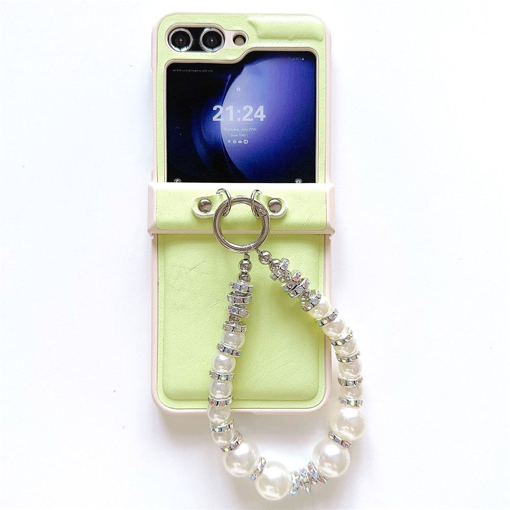 For Samsung Galaxy Z Flip7 FE 5G / Z Flip6 5G Case Crazy Horse Leather+PC Phone Cover with Wrist Pearl Strap - Light Green