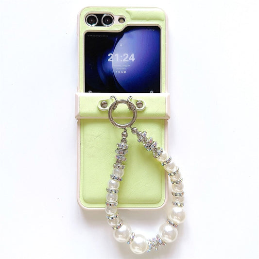 For Samsung Galaxy Z Flip7 FE 5G / Z Flip6 5G Case Crazy Horse Leather+PC Phone Cover with Wrist Pearl Strap - Light Green