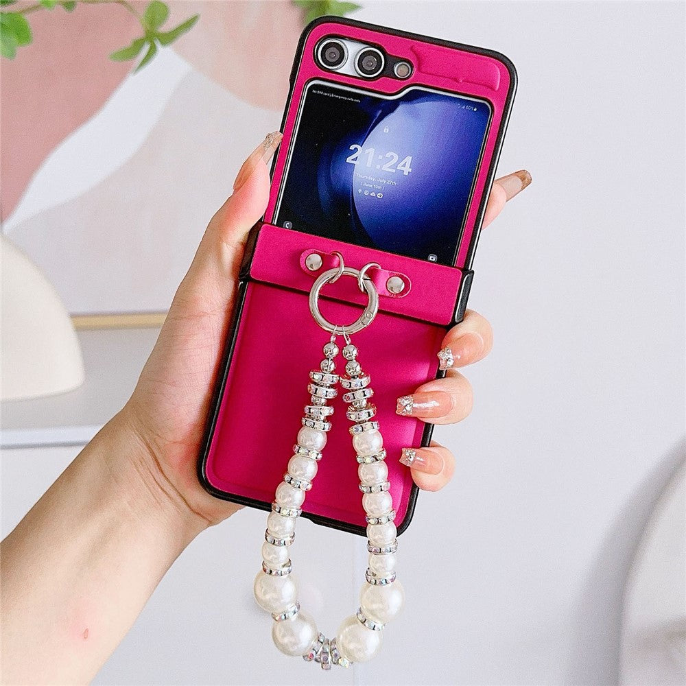For Samsung Galaxy Z Flip7 FE 5G / Z Flip6 5G Case Crazy Horse Leather+PC Phone Cover with Wrist Pearl Strap - Rose