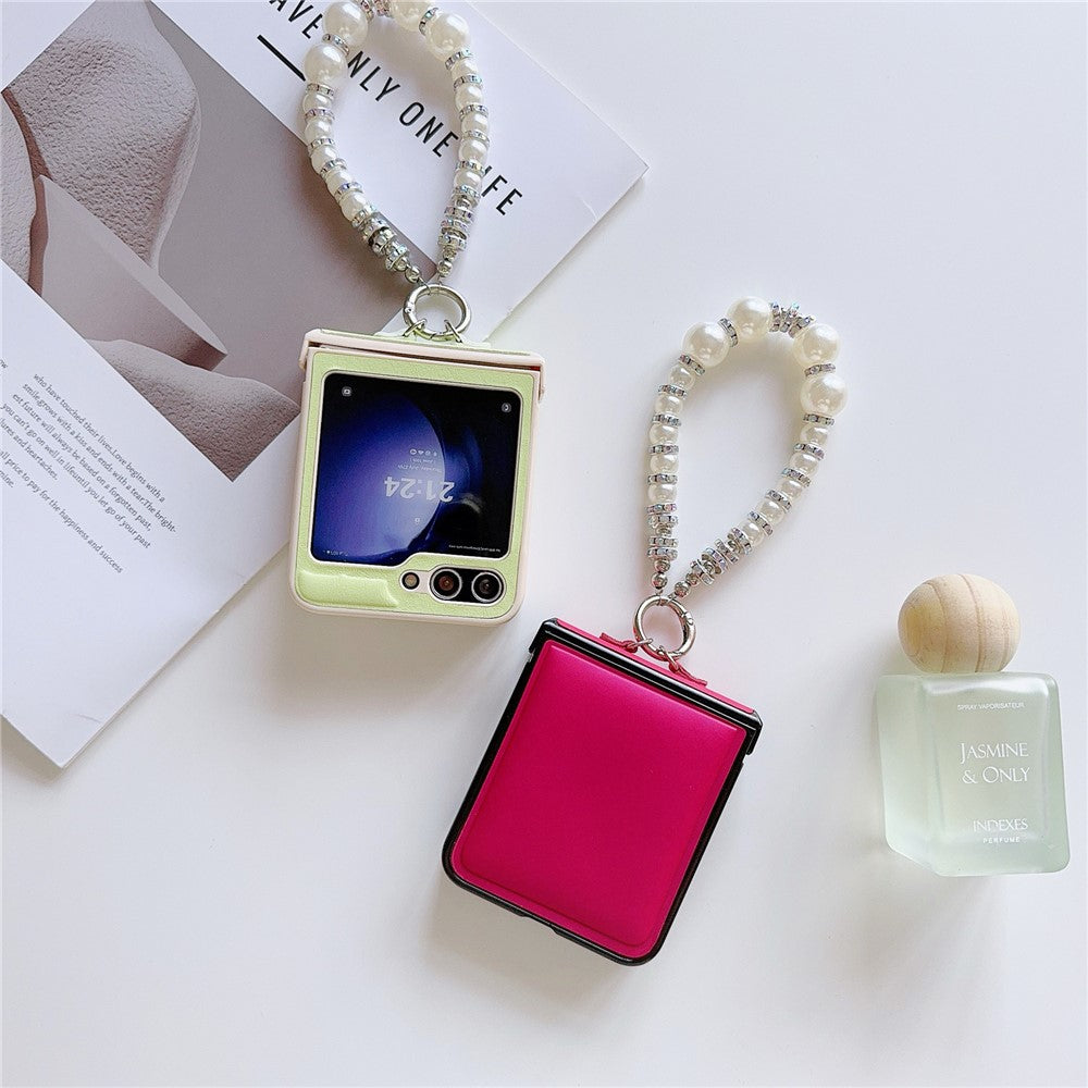 For Samsung Galaxy Z Flip7 FE 5G / Z Flip6 5G Case Crazy Horse Leather+PC Phone Cover with Wrist Pearl Strap - Rose