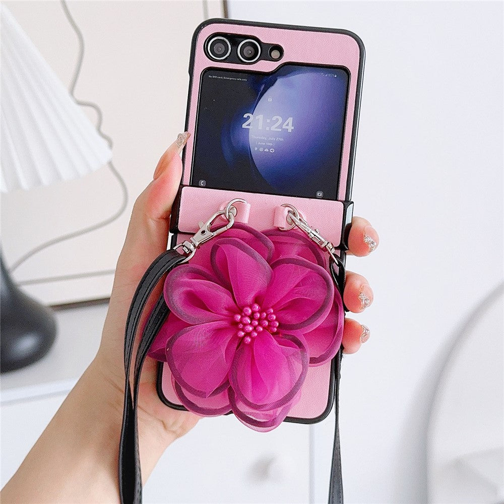 For Samsung Galaxy Z Flip7 FE 5G / Z Flip6 5G Case Organza Flower Leather+PC Phone Cover with Crossbody Lanyard - Pink