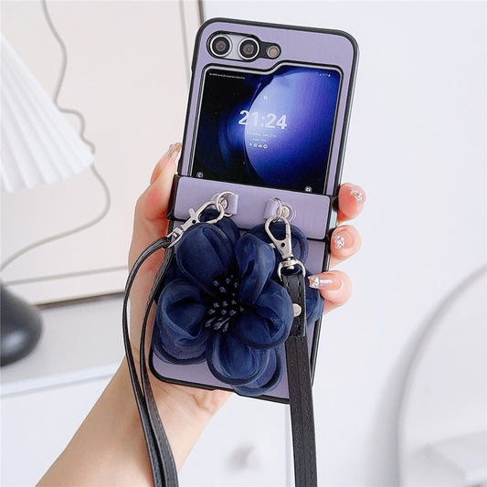 For Samsung Galaxy Z Flip7 FE 5G / Z Flip6 5G Case Organza Flower Leather+PC Phone Cover with Crossbody Lanyard - Purple
