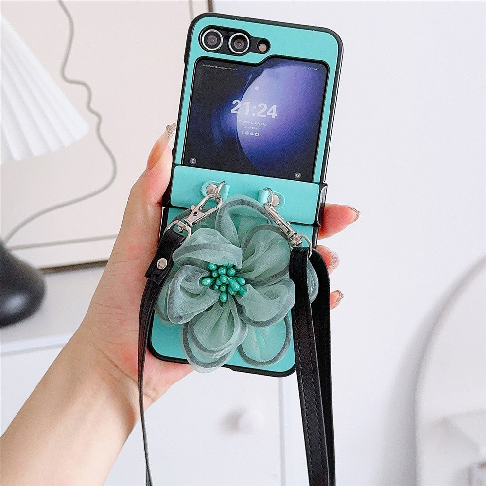 For Samsung Galaxy Z Flip7 FE 5G / Z Flip6 5G Case Organza Flower Leather+PC Phone Cover with Crossbody Lanyard - Blue