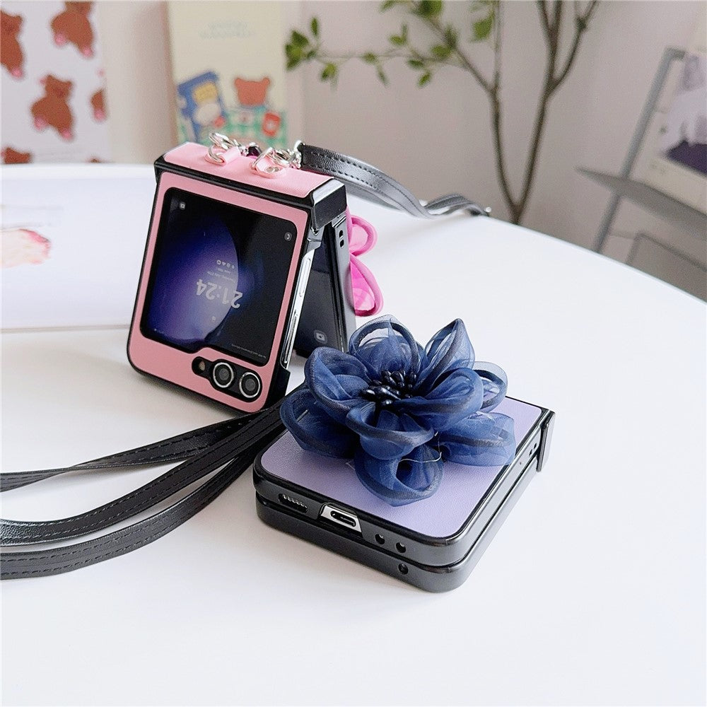 For Samsung Galaxy Z Flip7 FE 5G / Z Flip6 5G Case Organza Flower Leather+PC Phone Cover with Crossbody Lanyard - Blue