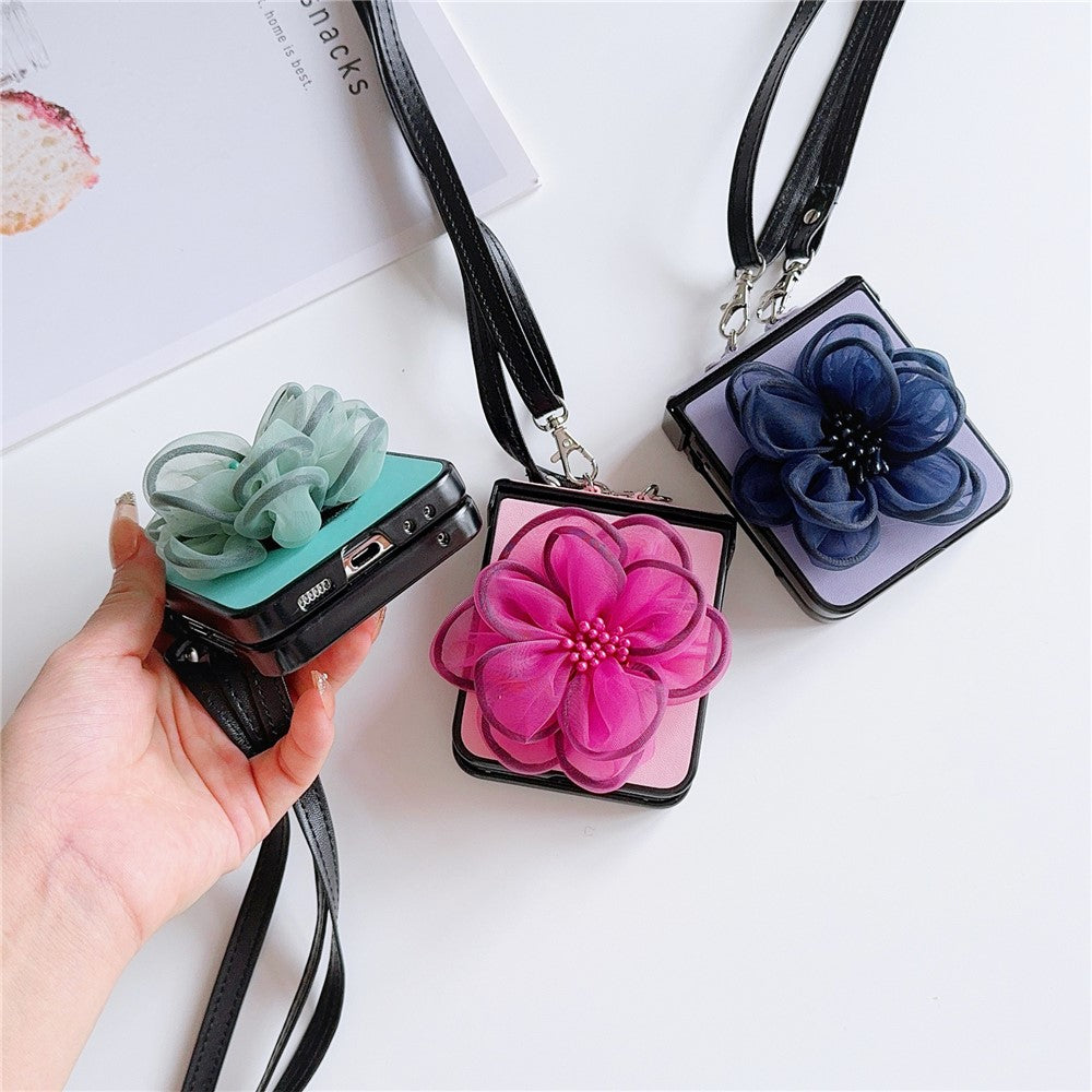 For Samsung Galaxy Z Flip7 FE 5G / Z Flip6 5G Case Organza Flower Leather+PC Phone Cover with Crossbody Lanyard - Blue