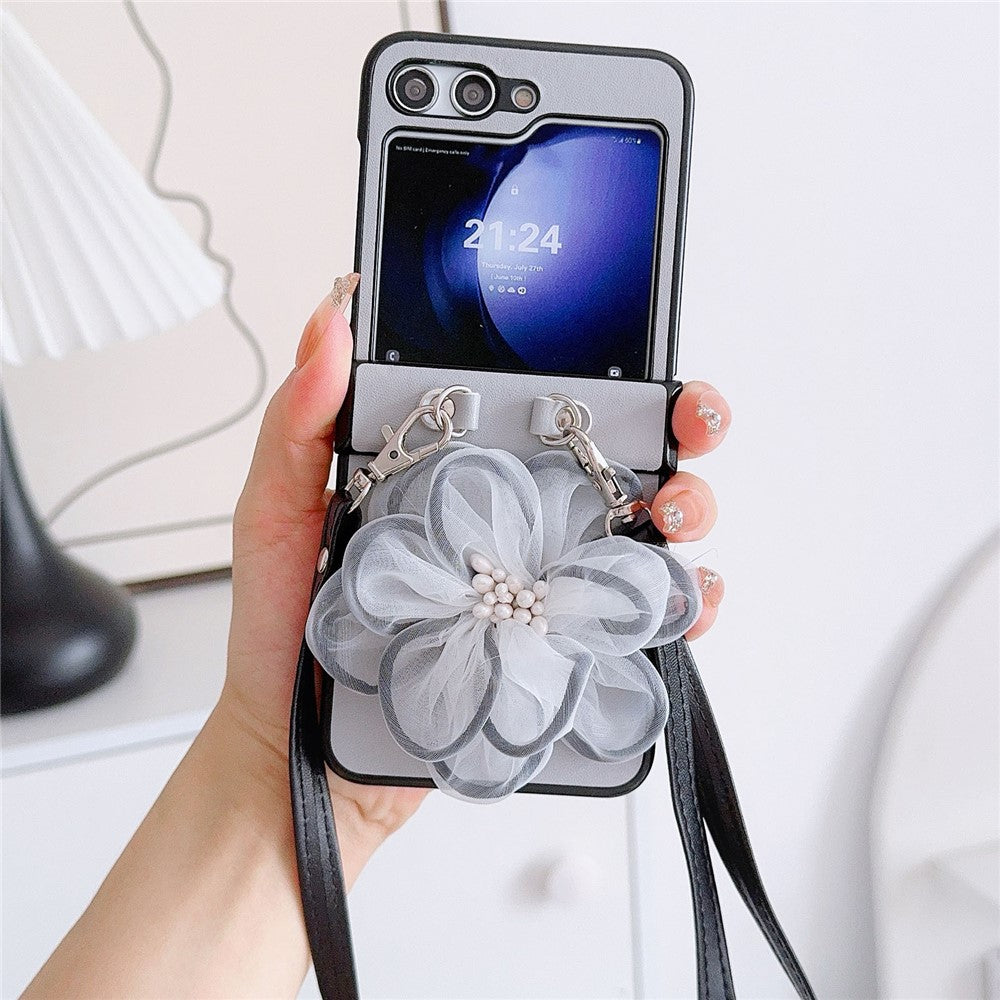For Samsung Galaxy Z Flip7 FE 5G / Z Flip6 5G Case Organza Flower Leather+PC Phone Cover with Crossbody Lanyard - Grey