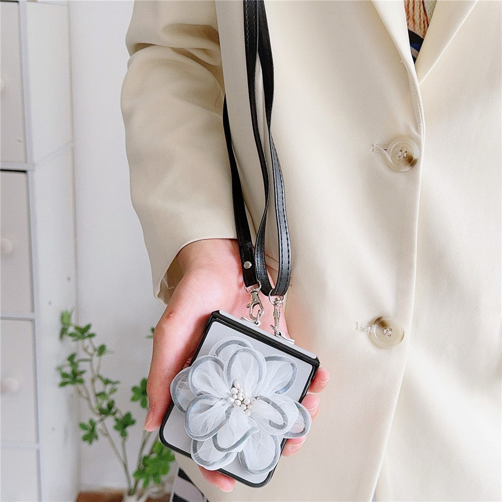 For Samsung Galaxy Z Flip7 FE 5G / Z Flip6 5G Case Organza Flower Leather+PC Phone Cover with Crossbody Lanyard - Grey