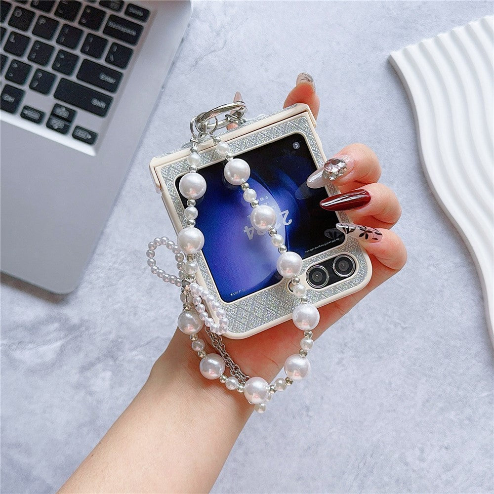 For Samsung Galaxy Z Flip7 FE 5G / Z Flip6 5G Case Glitter Lattice Leather+PC Phone Cover with Beaded Wrist Strap - Silver