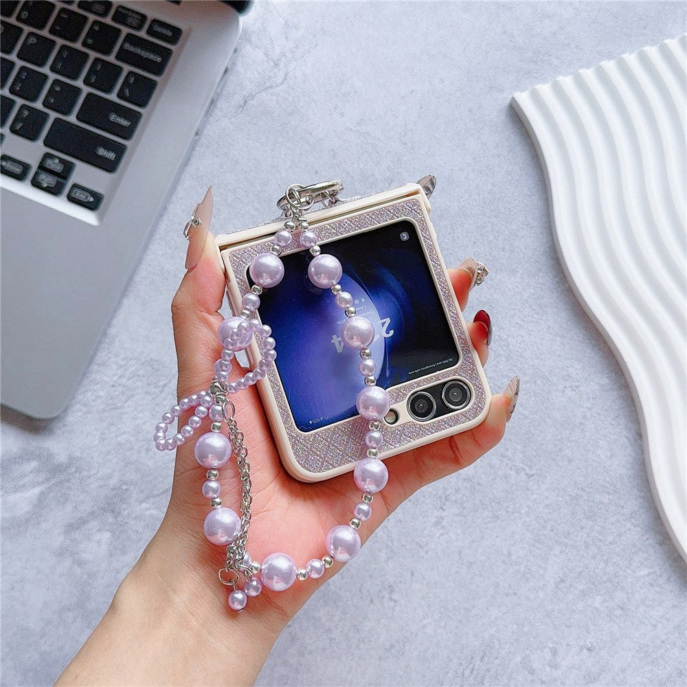 For Samsung Galaxy Z Flip7 FE 5G / Z Flip6 5G Case Glitter Lattice Leather+PC Phone Cover with Beaded Wrist Strap - Purple