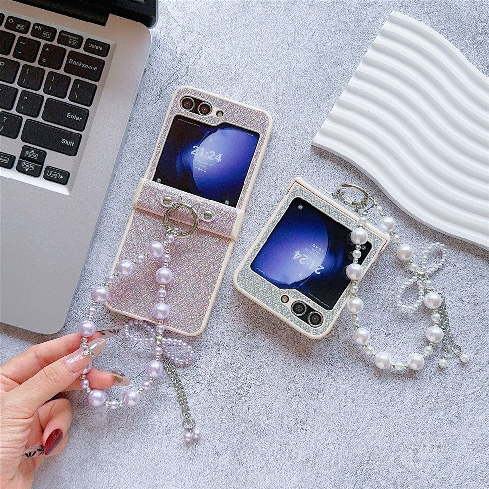 For Samsung Galaxy Z Flip7 FE 5G / Z Flip6 5G Case Glitter Lattice Leather+PC Phone Cover with Beaded Wrist Strap - Purple