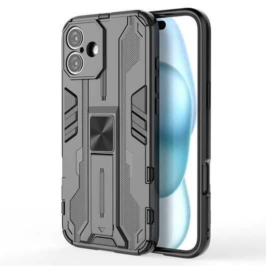 For iPhone 16 Plus Case PC + TPU Shockproof Phone Cover with Kickstand - Black