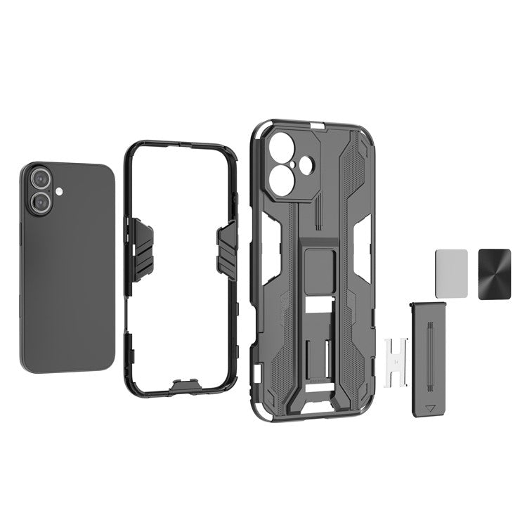 For iPhone 16 Plus Case PC + TPU Shockproof Phone Cover with Kickstand - Black