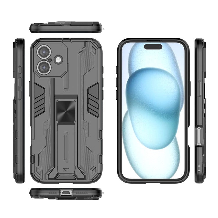 For iPhone 16 Plus Case PC + TPU Shockproof Phone Cover with Kickstand - Black