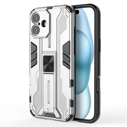 For iPhone 16 Plus Case PC + TPU Shockproof Phone Cover with Kickstand - Silver