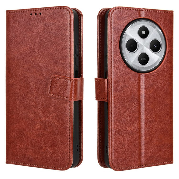 For Xiaomi Poco C75 4G / Redmi 14R 5G / 14C 4G / A4 5G Case Crazy Horse Texture PU Leather Phone Wallet Cover - Brown