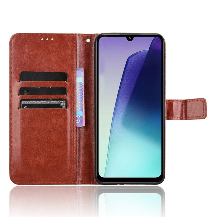 For Xiaomi Poco C75 4G / Redmi 14R 5G / 14C 4G / A4 5G Case Crazy Horse Texture PU Leather Phone Wallet Cover - Brown