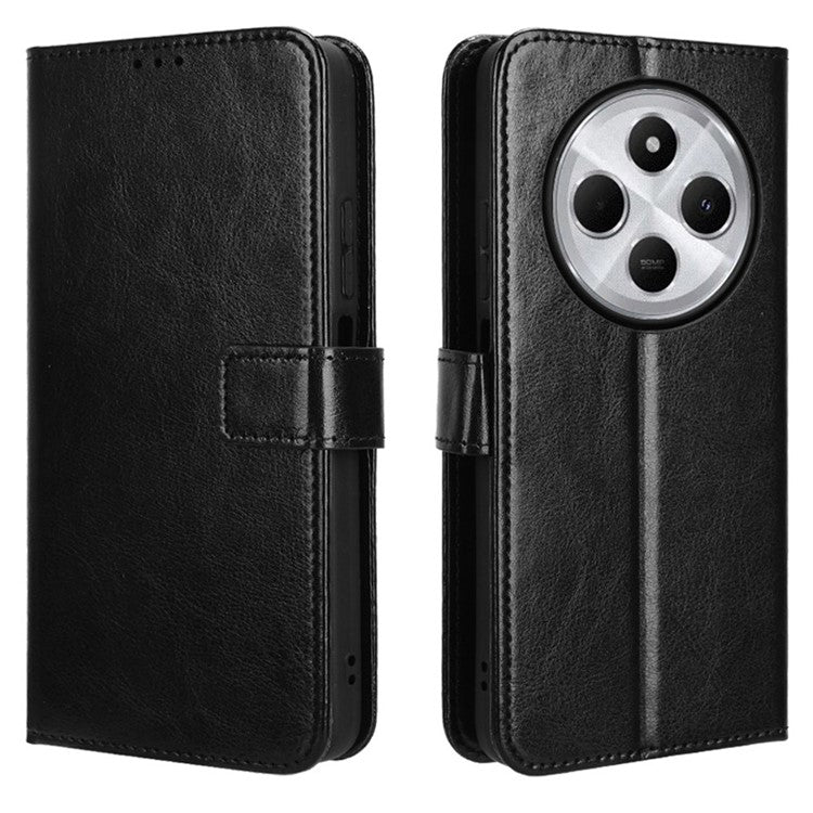For Xiaomi Poco C75 4G / Redmi 14R 5G / 14C 4G / A4 5G Case Crazy Horse Texture PU Leather Phone Wallet Cover - Black