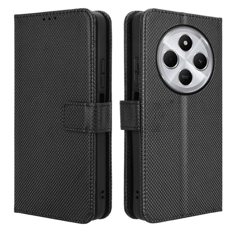 For Xiaomi Poco C75 4G / Redmi 14R 5G / 14C 4G / A4 5G Case PU Leather Diamond Texture Wallet Phone Cover - Black