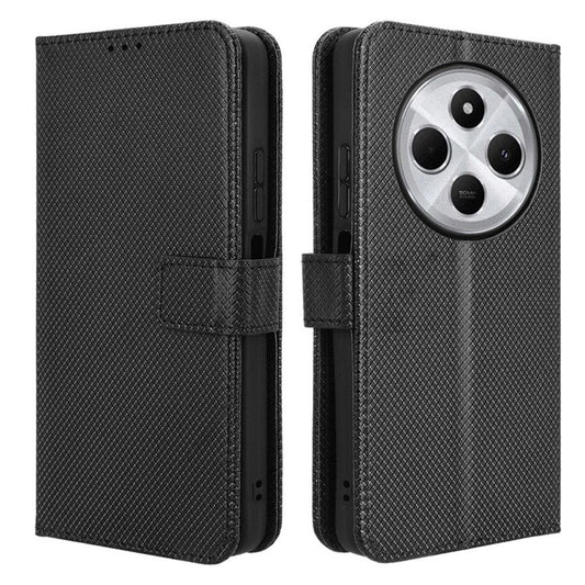 For Xiaomi Poco C75 4G / Redmi 14R 5G / 14C 4G / A4 5G Case PU Leather Diamond Texture Wallet Phone Cover - Black