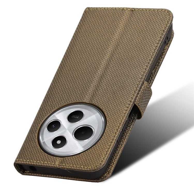 For Xiaomi Poco C75 4G / Redmi 14R 5G / 14C 4G / A4 5G Case PU Leather Diamond Texture Wallet Phone Cover - Brown