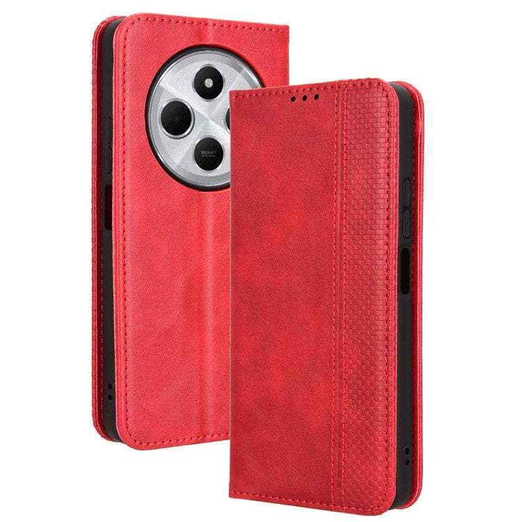 For Xiaomi Poco C75 4G / Redmi 14R 5G / 14C 4G / A4 5G Leather Case Wallet Stand Retro Texture Phone Cover - Red