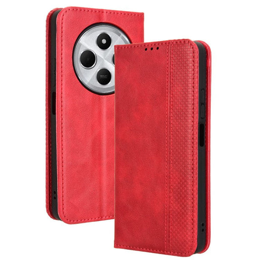 For Xiaomi Poco C75 4G / Redmi 14R 5G / 14C 4G / A4 5G Leather Case Wallet Stand Retro Texture Phone Cover - Red