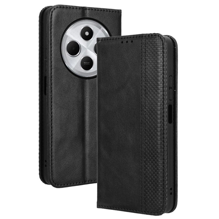 For Xiaomi Poco C75 4G / Redmi 14R 5G / 14C 4G / A4 5G Leather Case Wallet Stand Retro Texture Phone Cover - Black