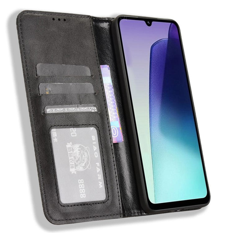 For Xiaomi Poco C75 4G / Redmi 14R 5G / 14C 4G / A4 5G Leather Case Wallet Stand Retro Texture Phone Cover - Black