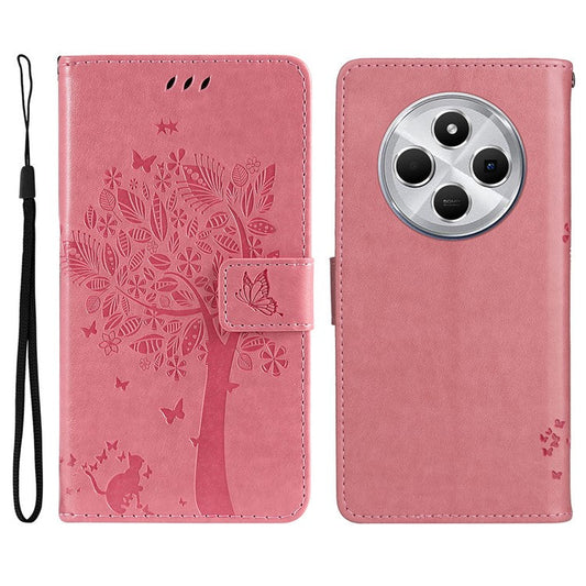 KT Imprinting Flower Series-3 For Xiaomi Poco C75 4G / Redmi 14R 5G / 14C 4G Case Cat Tree Pattern Flip Leather Phone Cover - Pink