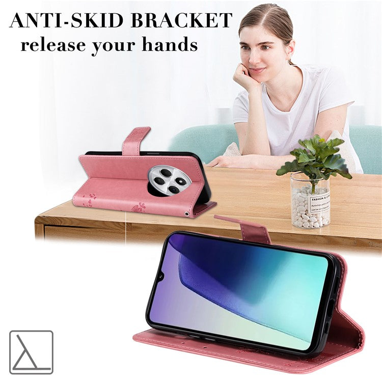 KT Imprinting Flower Series-3 For Xiaomi Poco C75 4G / Redmi 14R 5G / 14C 4G Case Cat Tree Pattern Flip Leather Phone Cover - Pink