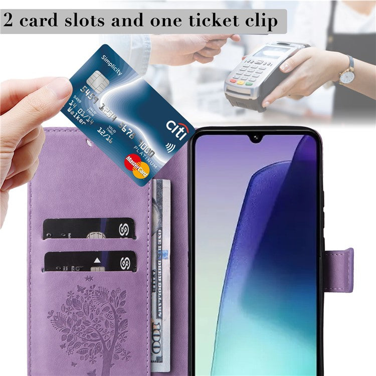 KT Imprinting Flower Series-3 For Xiaomi Poco C75 4G / Redmi 14R 5G / 14C 4G Case Cat Tree Pattern Flip Leather Phone Cover - Light Purple