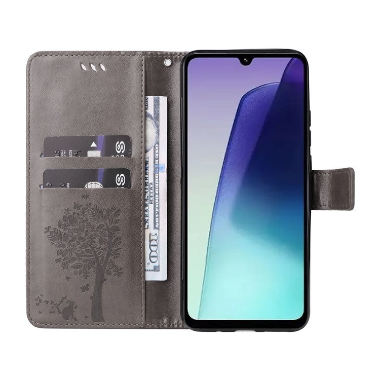 KT Imprinting Flower Series-3 For Xiaomi Poco C75 4G / Redmi 14R 5G / 14C 4G Case Cat Tree Pattern Flip Leather Phone Cover - Grey