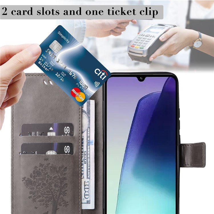 KT Imprinting Flower Series-3 For Xiaomi Poco C75 4G / Redmi 14R 5G / 14C 4G Case Cat Tree Pattern Flip Leather Phone Cover - Grey