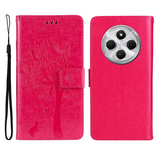 KT Imprinting Flower Series-3 For Xiaomi Poco C75 4G / Redmi 14R 5G / 14C 4G Case Cat Tree Pattern Flip Leather Phone Cover - Rose