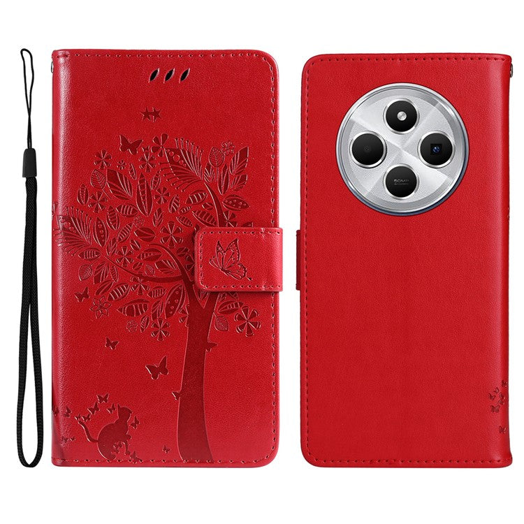 KT Imprinting Flower Series-3 For Xiaomi Poco C75 4G / Redmi 14R 5G / 14C 4G Case Cat Tree Pattern Flip Leather Phone Cover - Red