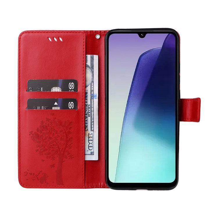 KT Imprinting Flower Series-3 For Xiaomi Poco C75 4G / Redmi 14R 5G / 14C 4G Case Cat Tree Pattern Flip Leather Phone Cover - Red