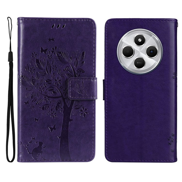 KT Imprinting Flower Series-3 For Xiaomi Poco C75 4G / Redmi 14R 5G / 14C 4G Case Cat Tree Pattern Flip Leather Phone Cover - Purple