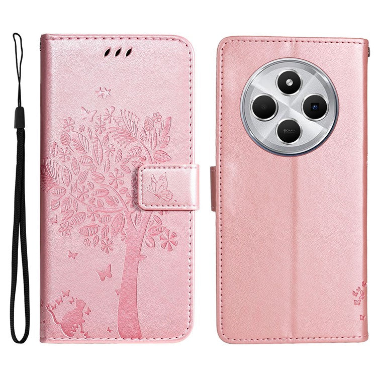 KT Imprinting Flower Series-3 For Xiaomi Poco C75 4G / Redmi 14R 5G / 14C 4G Case Cat Tree Pattern Flip Leather Phone Cover - Rose Gold