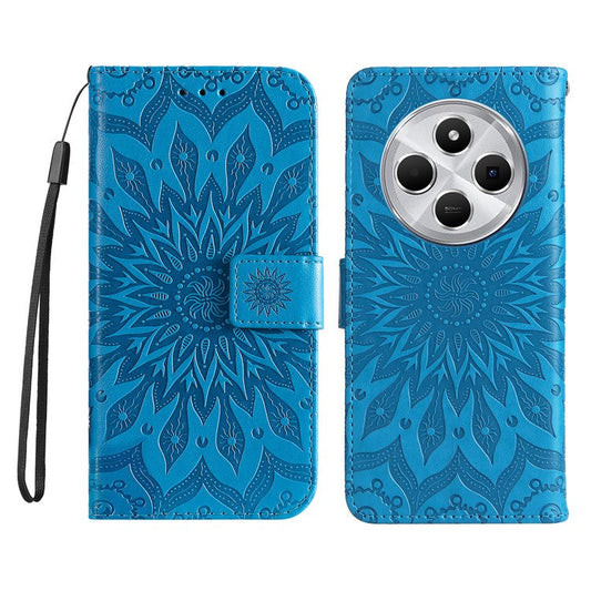 KT Imprinting Flower Series-1 For Xiaomi Poco C75 4G / Redmi 14R 5G / 14C 4G Case Sunflower Leather Wallet Phone Cover - Blue