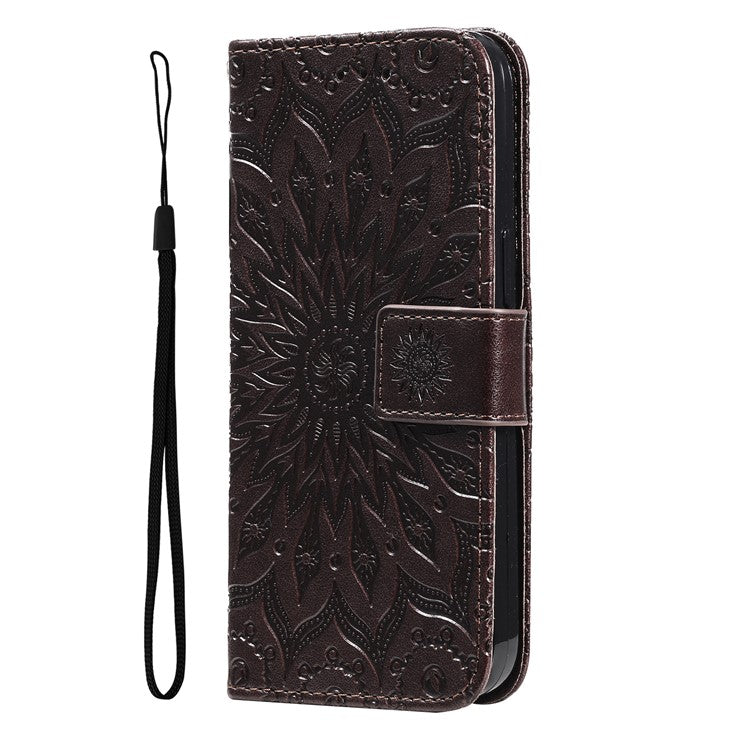 KT Imprinting Flower Series-1 For Xiaomi Poco C75 4G / Redmi 14R 5G / 14C 4G Case Sunflower Leather Wallet Phone Cover - Brown