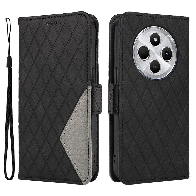 For Xiaomi Poco C75 4G / Redmi 14R 5G / 14C 4G Case Rhombus PU Leather Flip Wallet Phone Cover - Black