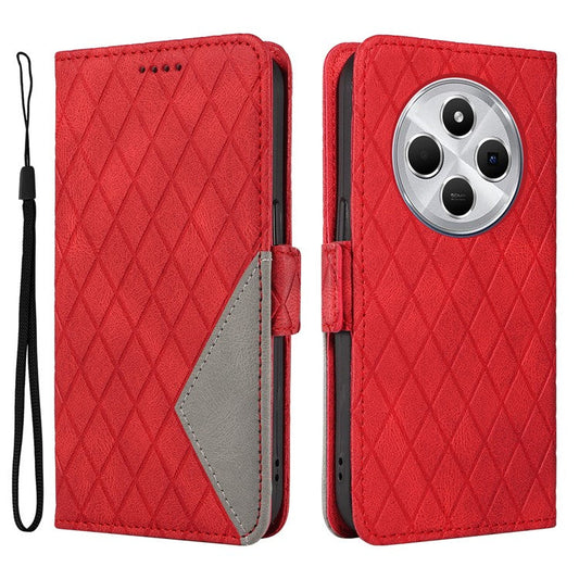 For Xiaomi Poco C75 4G / Redmi 14R 5G / 14C 4G Case Rhombus PU Leather Flip Wallet Phone Cover - Red
