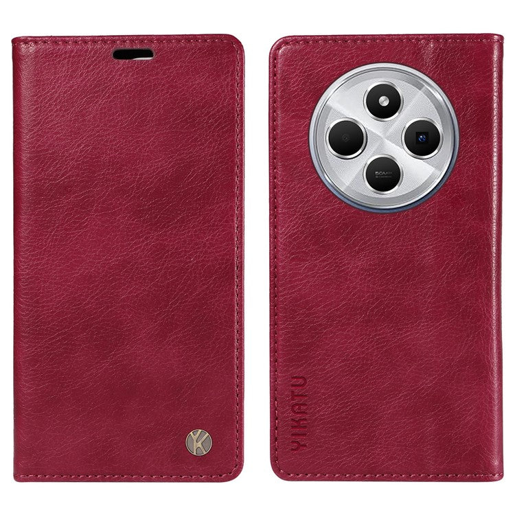 YIKATU YK-006 For Xiaomi Poco C75 4G / Redmi 14R 5G / 14C 4G Case Wallet Litchi Grain Leather Phone Cover Magnetic Auto-Absorbed - Wine Red