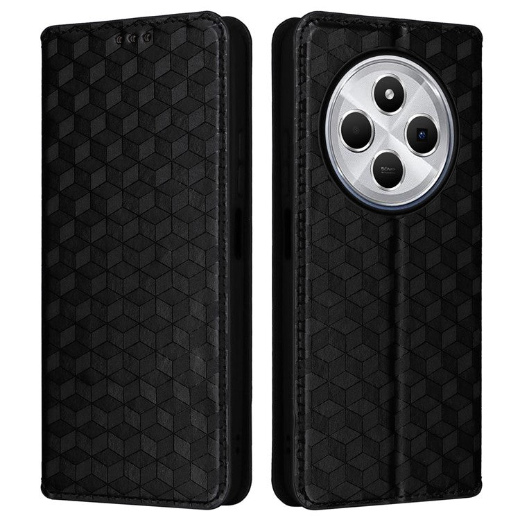 For Xiaomi Poco C75 4G / Redmi 14R 5G / 14C 4G / A4 5G Wallet Case Rhombus Imprinted Leather Phone Cover - Black
