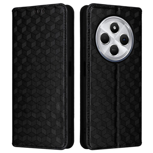 For Xiaomi Poco C75 4G / Redmi 14R 5G / 14C 4G / A4 5G Wallet Case Rhombus Imprinted Leather Phone Cover - Black