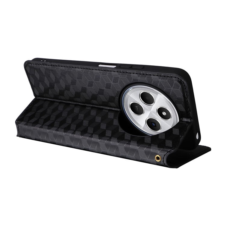 For Xiaomi Poco C75 4G / Redmi 14R 5G / 14C 4G / A4 5G Wallet Case Rhombus Imprinted Leather Phone Cover - Black