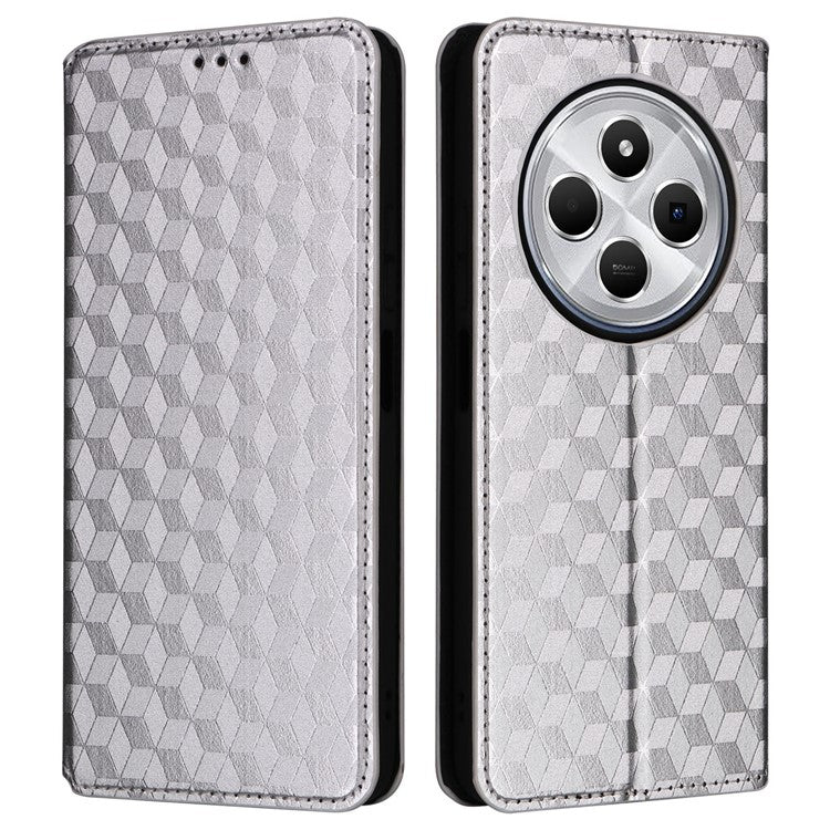 For Xiaomi Poco C75 4G / Redmi 14R 5G / 14C 4G / A4 5G Wallet Case Rhombus Imprinted Leather Phone Cover - Silver
